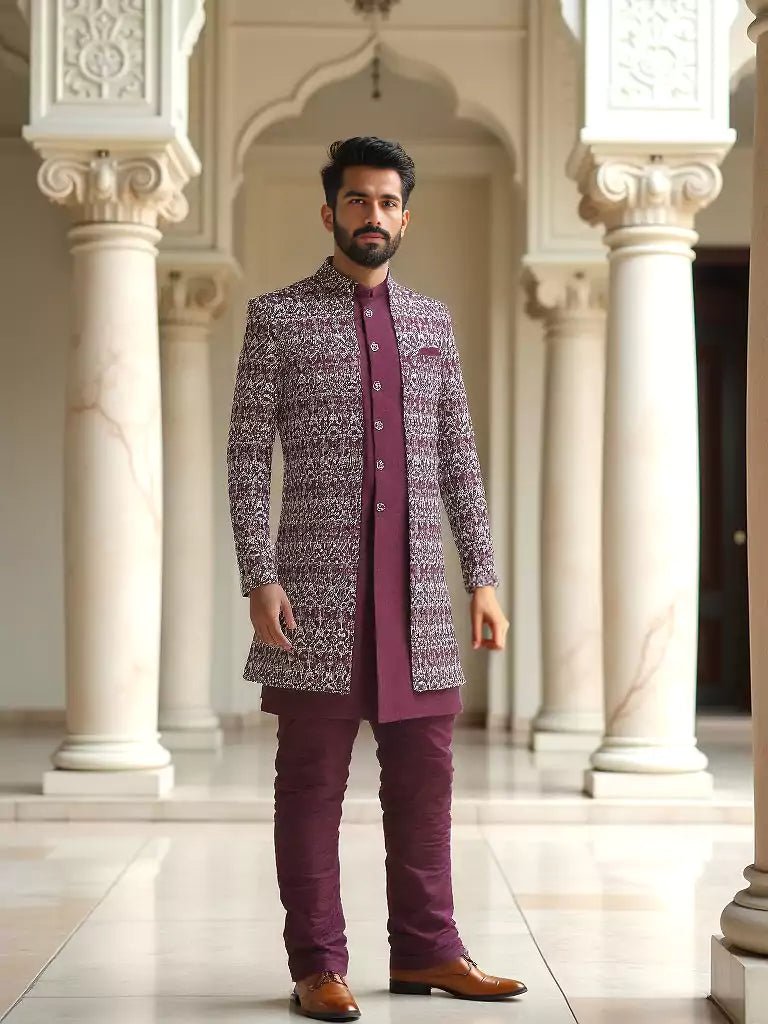 Image of Striking Maroon Floral Design Raw Silk Embroidery Indo Open Style - South India Shopping Mall