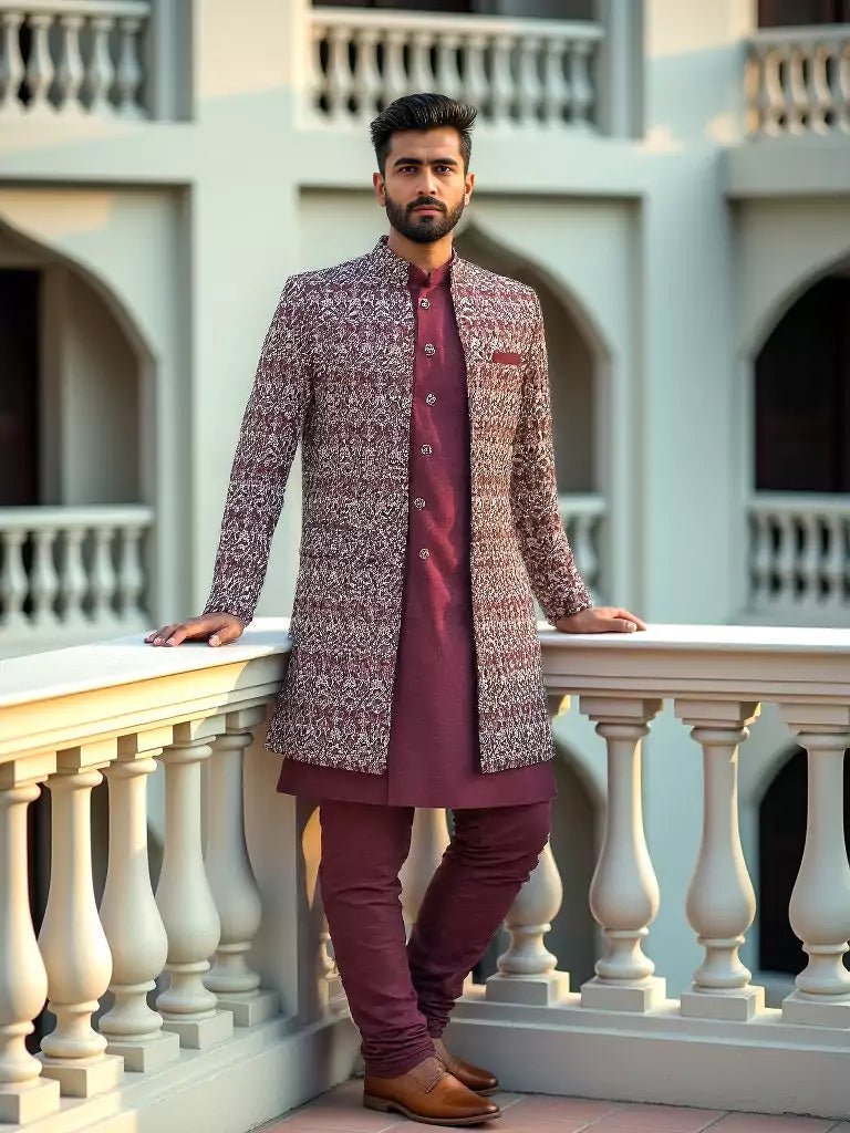 Image of Striking Maroon Floral Design Raw Silk Embroidery Indo Open Style - South India Shopping Mall