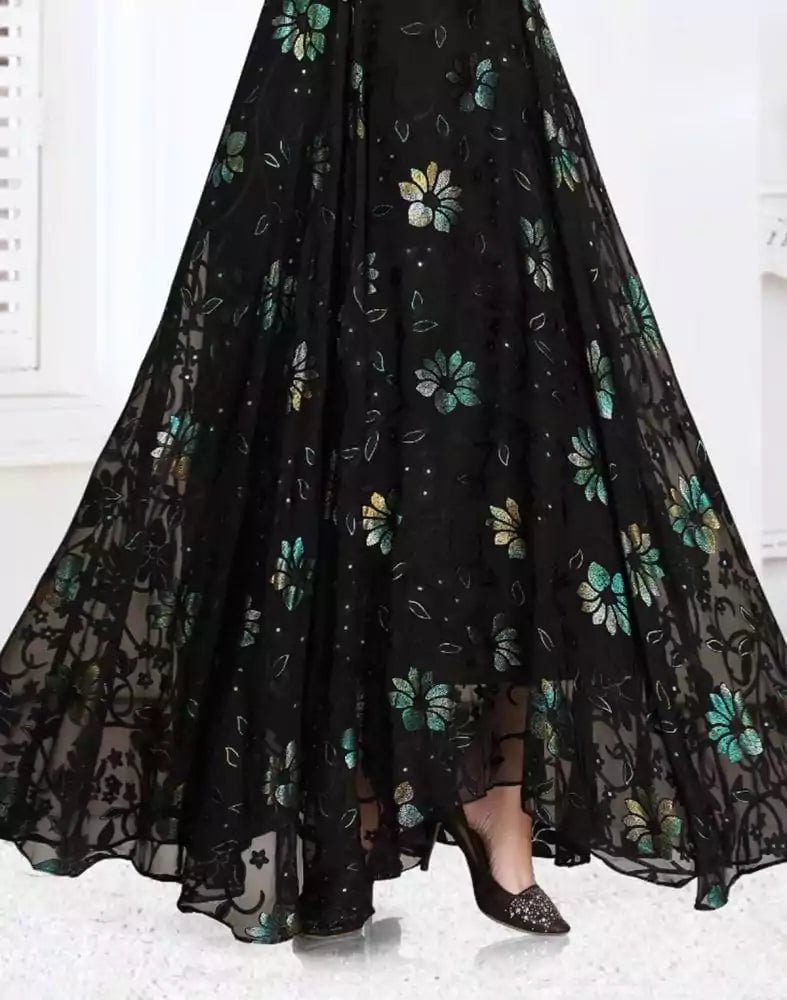 Stylish Black Floral Print Chiffon fully flair Kurti - South India Shopping Mall