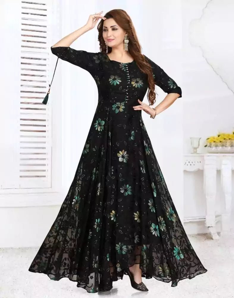 Image of Stylish Black Floral Print Chiffon fully flair Kurti - South India Shopping Mall