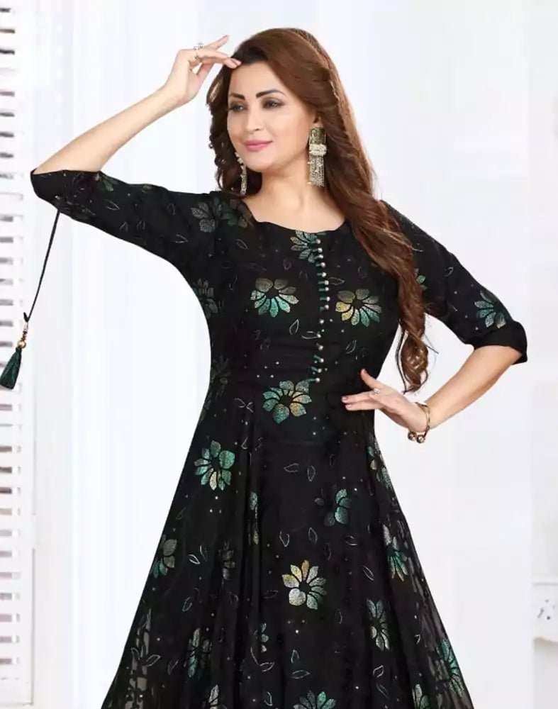 Image of Stylish Black Floral Print Chiffon fully flair Kurti - South India Shopping Mall