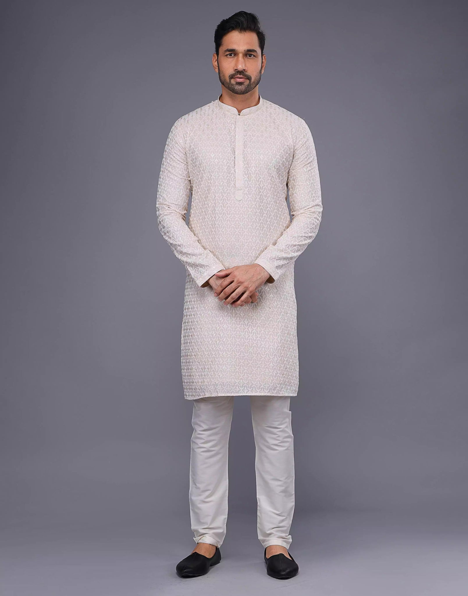 Image of Stylish Fawn Colored Floral Thread Work Georgette Kurta Set - South India Shopping Mall