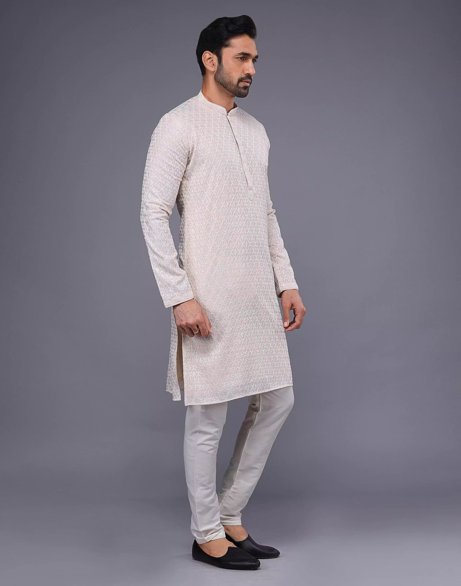 Image of Stylish Fawn Colored Floral Thread Work Georgette Kurta Set - South India Shopping Mall