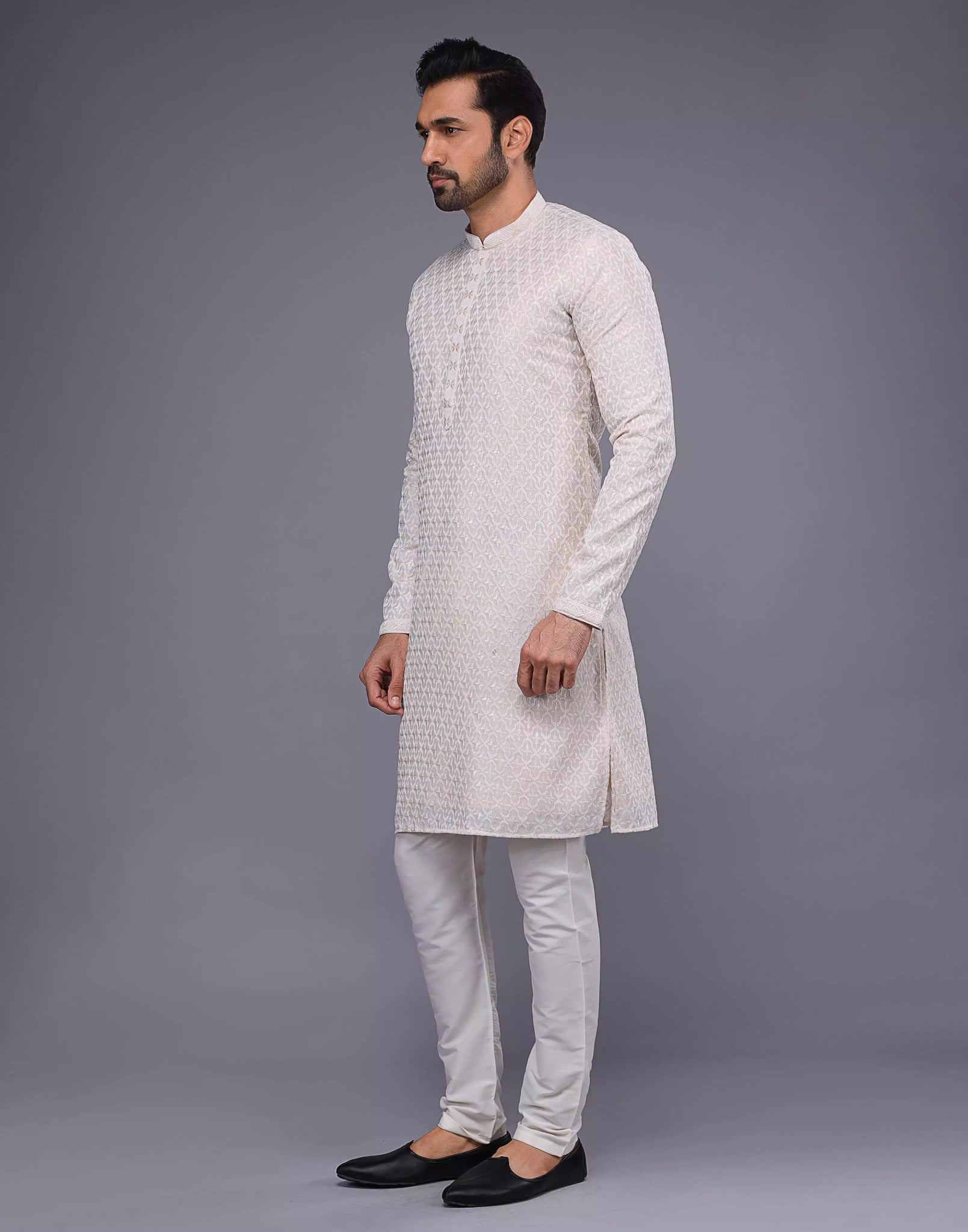 Image of Stylish Fawn Colored Floral Thread Work Georgette Kurta Set - South India Shopping Mall