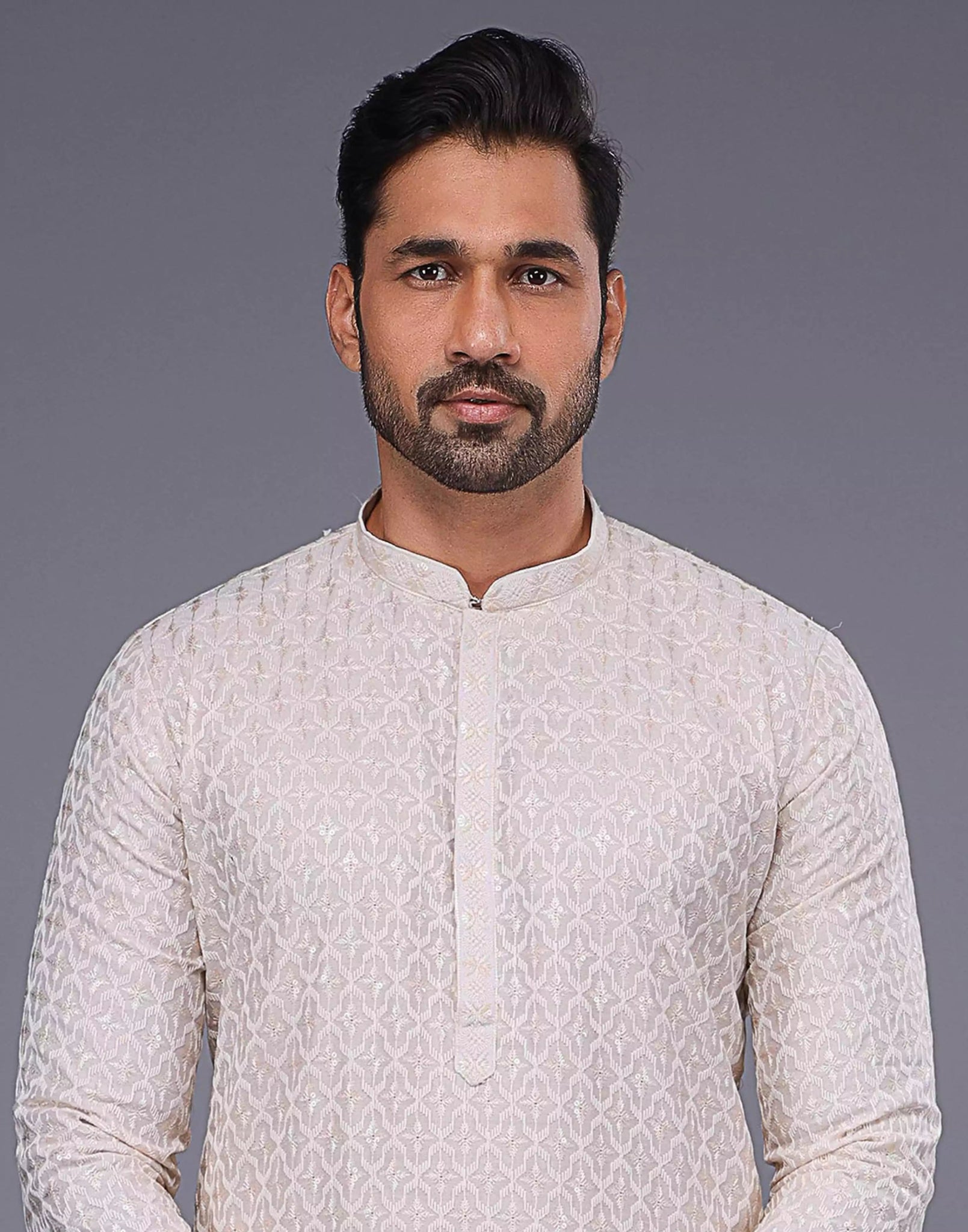 Image of Stylish Fawn Colored Floral Thread Work Georgette Kurta Set - South India Shopping Mall