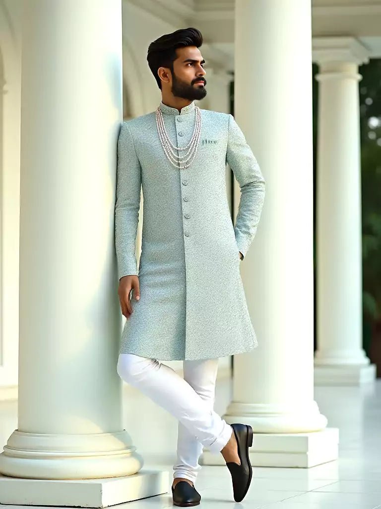 Image of Stylish Floral Patterned Classic Pista Raw Silk Embroidery with Stones work Indo Western - South India Shopping Mall