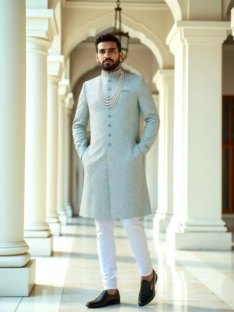 Image of Stylish Floral Patterned Classic Pista Raw Silk Embroidery with Stones work Indo Western - South India Shopping Mall