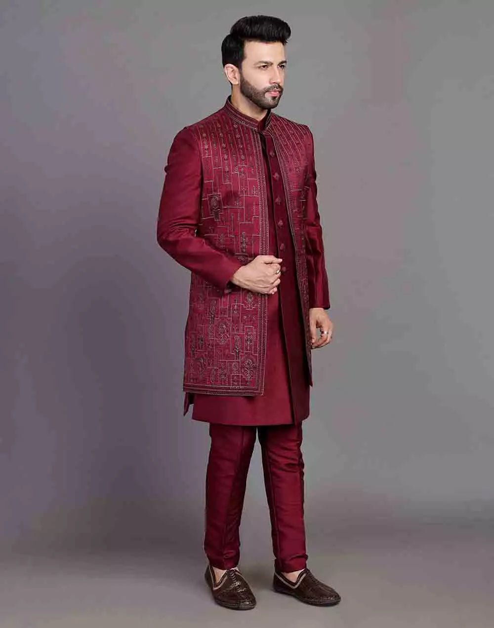 Image of Stylish Maroon Coloured Raw Silk Embroidery Work Open Jacket Style - South India Shopping Mall