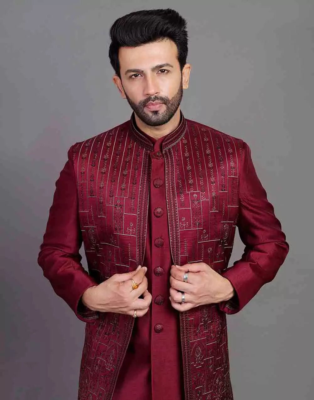 Image of Stylish Maroon Coloured Raw Silk Embroidery Work Open Jacket Style - South India Shopping Mall