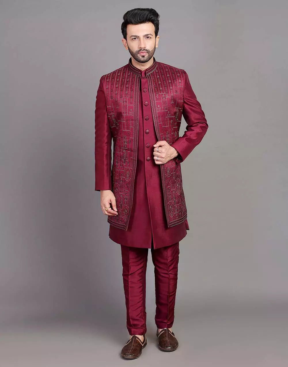 Image of Stylish Maroon Coloured Raw Silk Embroidery Work Open Jacket Style - South India Shopping Mall