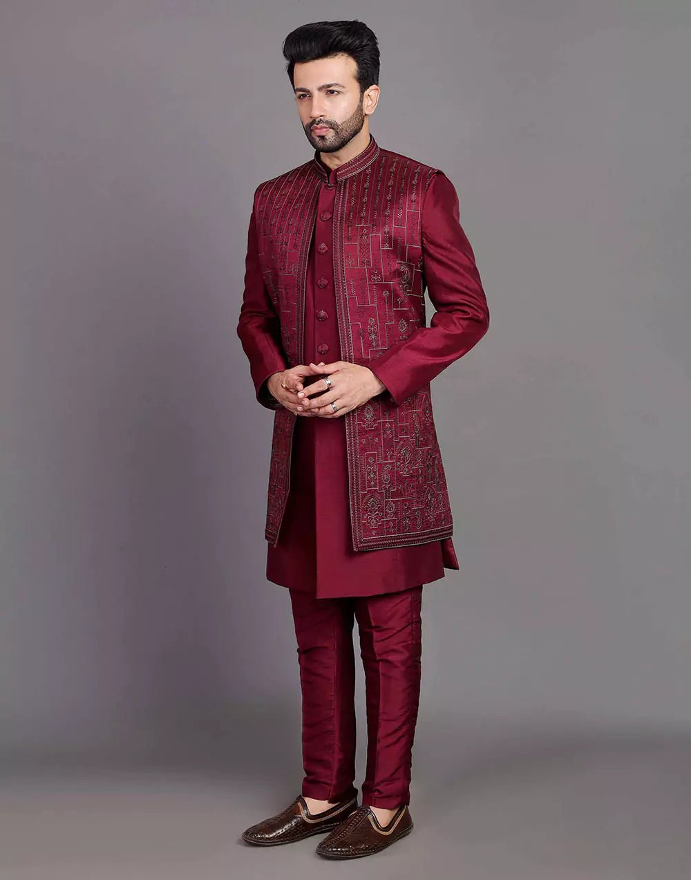 Image of Stylish Maroon Coloured Raw Silk Embroidery Work Open Jacket Style - South India Shopping Mall