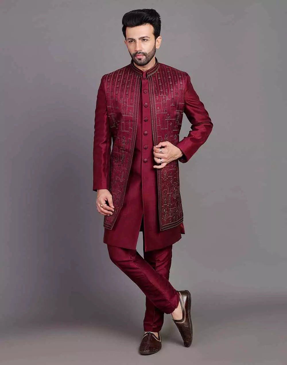 Image of Stylish Maroon Coloured Raw Silk Embroidery Work Open Jacket Style - South India Shopping Mall
