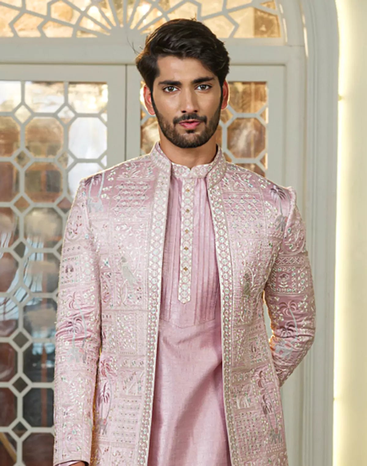 Image of Stylish Pink Coloured Raw Silk Thread Embroidery Floral Indo Open Jacket Set - South India Shopping Mall