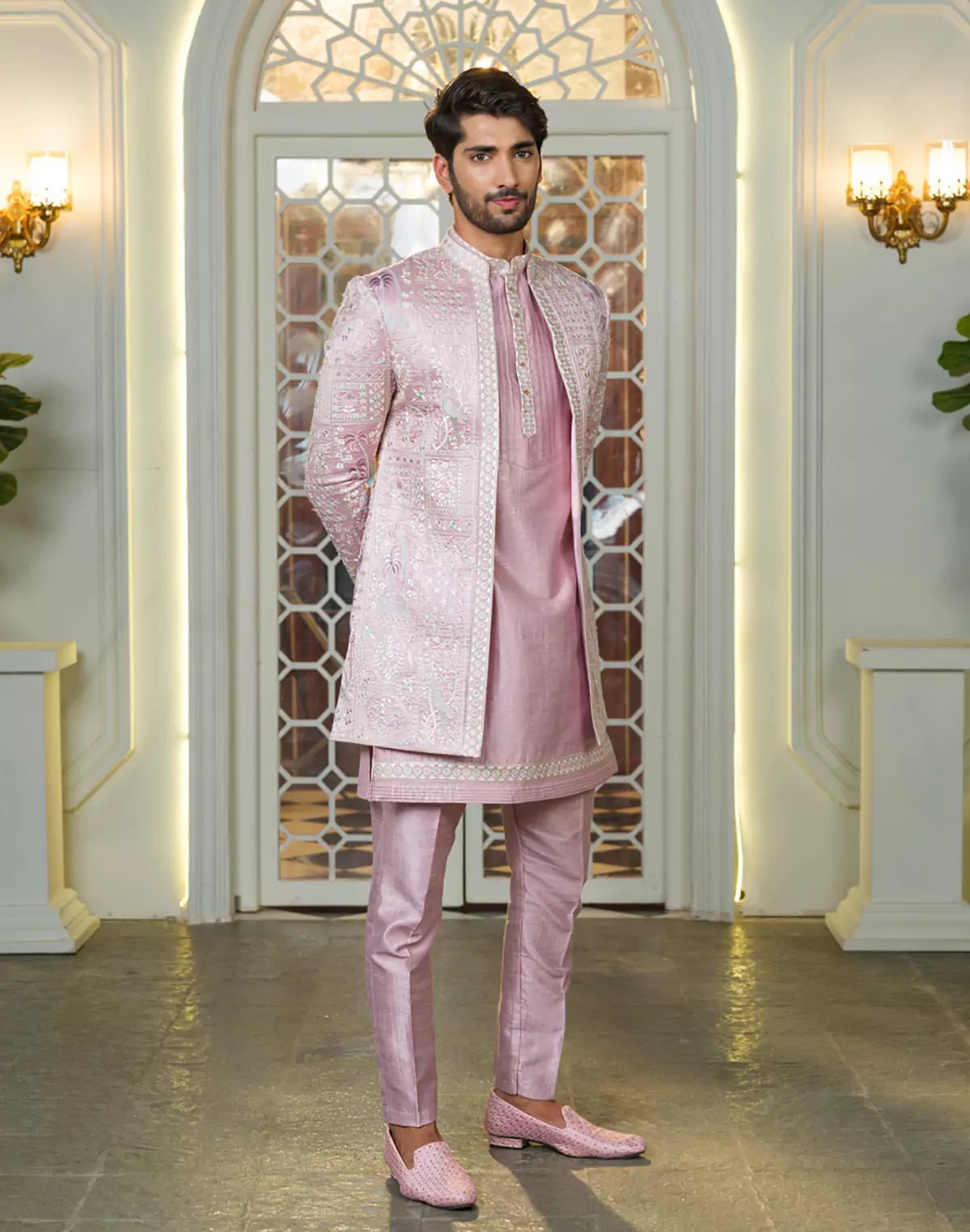 Image of Stylish Pink Coloured Raw Silk Thread Embroidery Floral Indo Open Jacket Set - South India Shopping Mall
