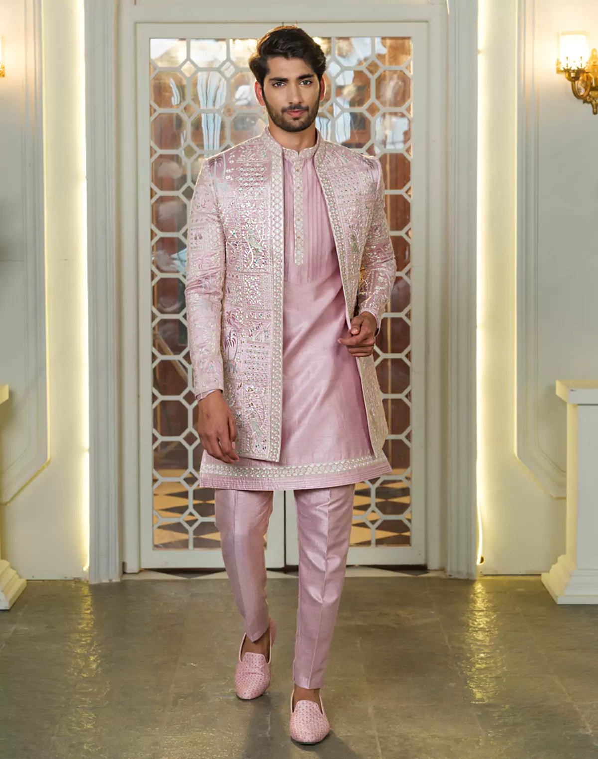 Image of Stylish Pink Coloured Raw Silk Thread Embroidery Floral Indo Open Jacket Set - South India Shopping Mall