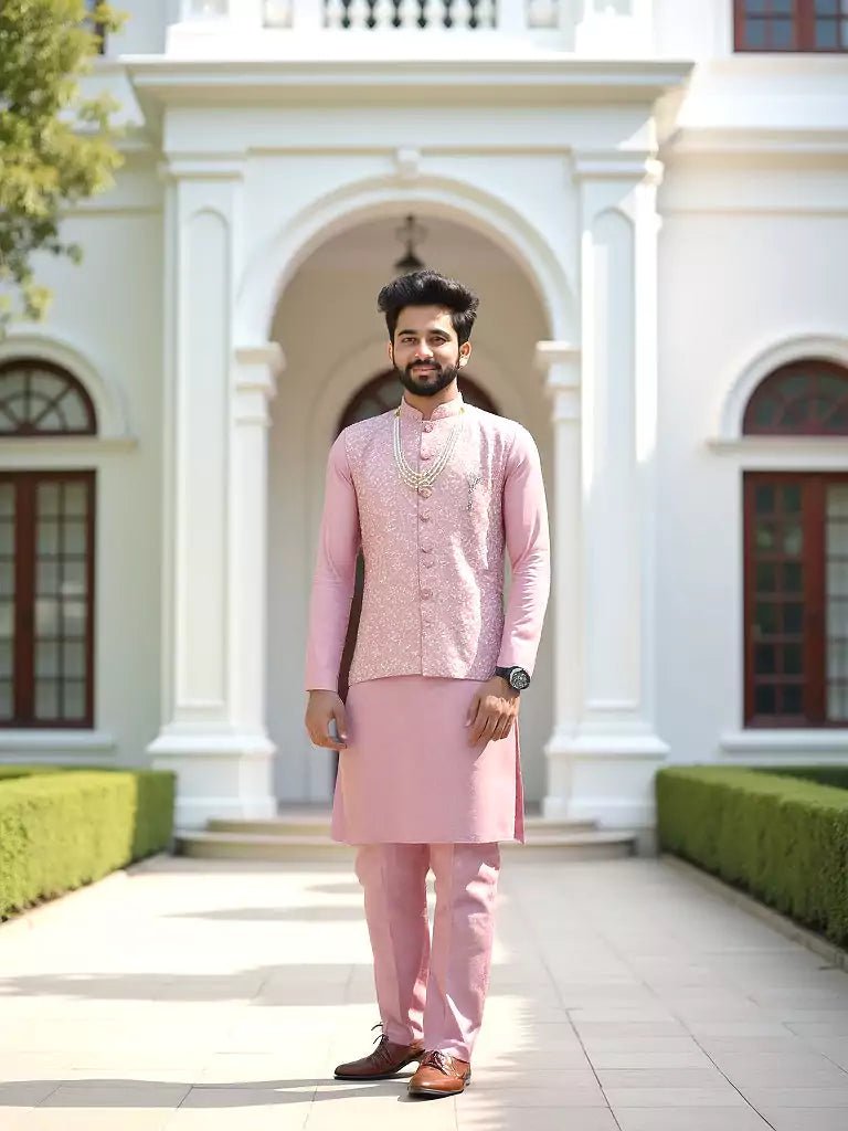 Image of Stylish Pink Coloured Thread Embroidery Floral Milky Silk Kurta Jacket Set - South India Shopping Mall