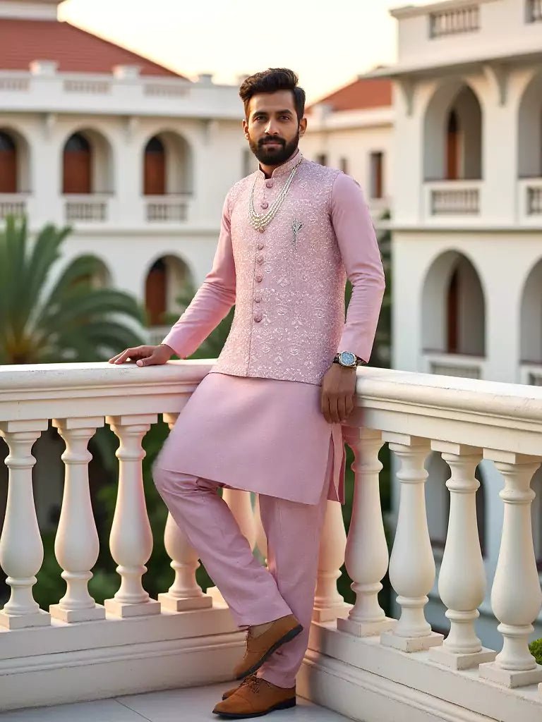 Image of Stylish Pink Coloured Thread Embroidery Floral Milky Silk Kurta Jacket Set - South India Shopping Mall