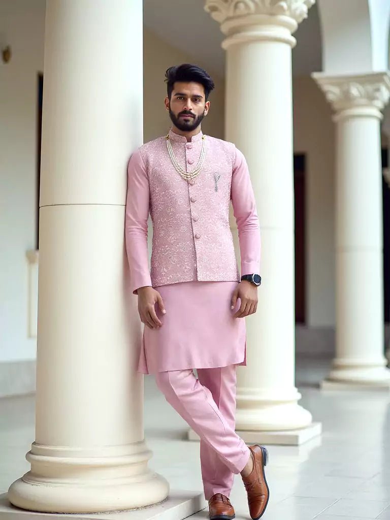 Image of Stylish Pink Coloured Thread Embroidery Floral Milky Silk Kurta Jacket Set - South India Shopping Mall