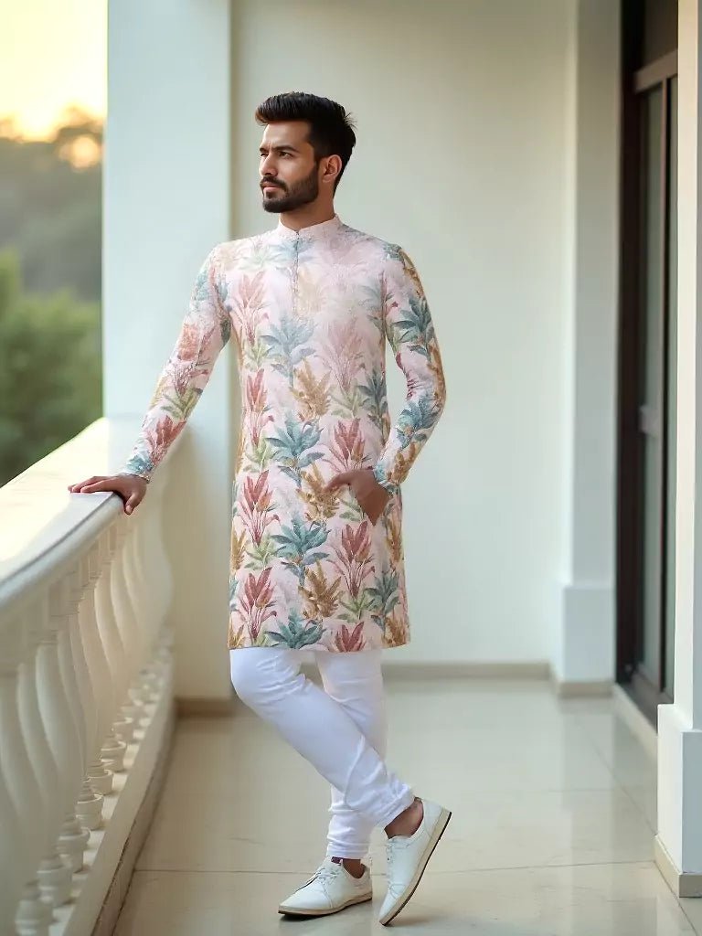Image of Stylish Pink Cotton Kurta in Floral Print - South India Shopping Mall