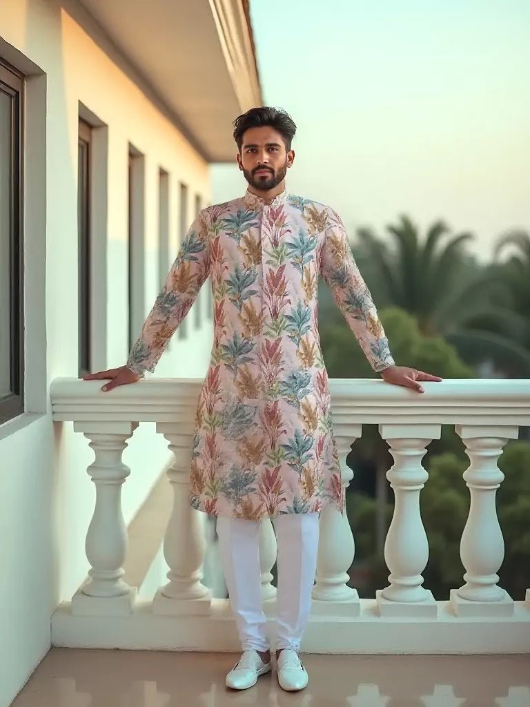 Image of Stylish Pink Cotton Kurta in Floral Print - South India Shopping Mall