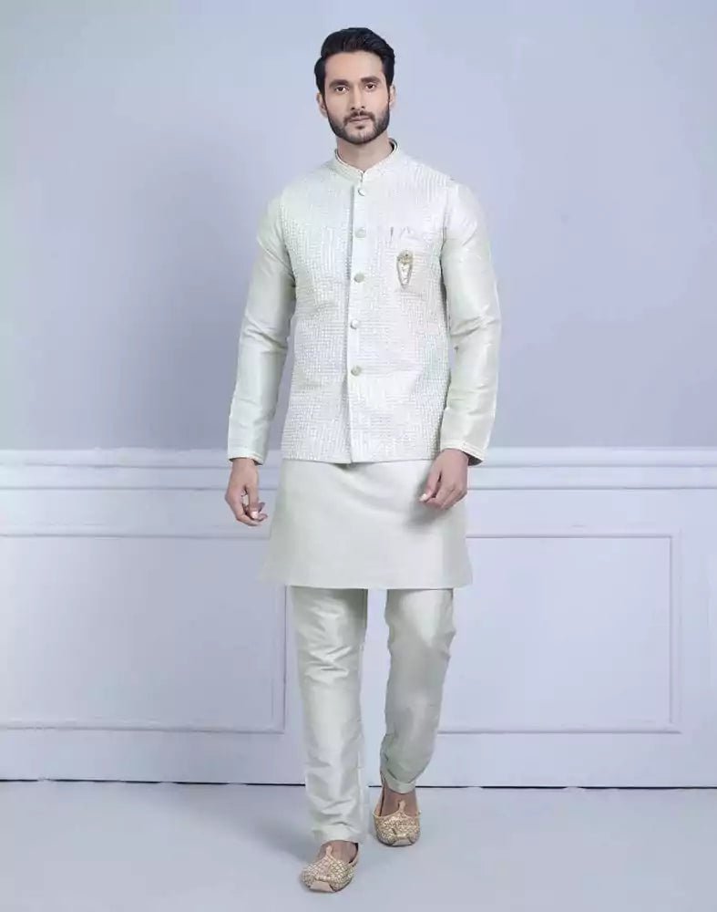 Image of Stylish Pista Green Raw Silk Sequence Kurta Jacket Set - South India Shopping Mall
