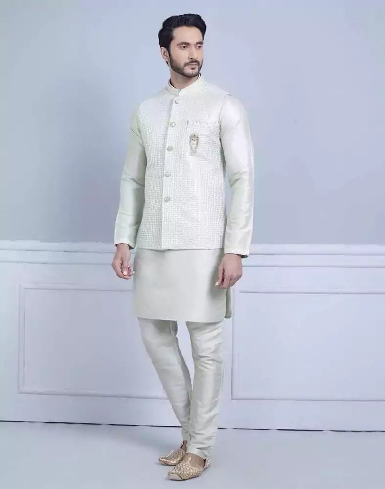 Image of Stylish Pista Green Raw Silk Sequence Kurta Jacket Set - South India Shopping Mall
