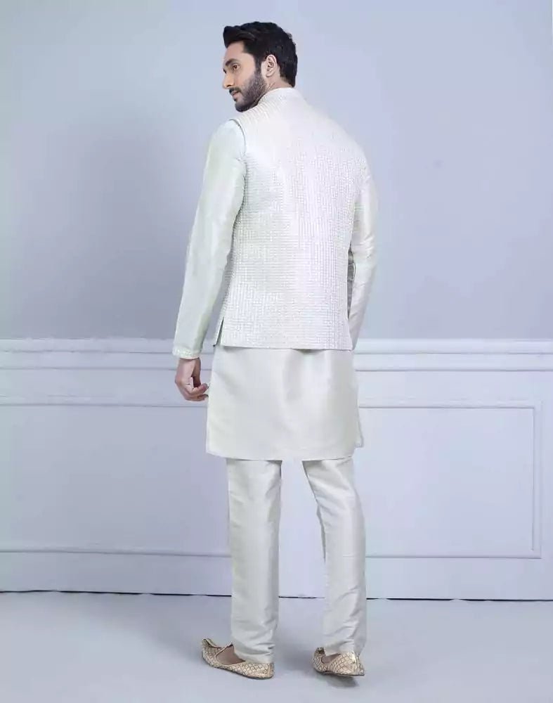 Image of Stylish Pista Green Raw Silk Sequence Kurta Jacket Set - South India Shopping Mall