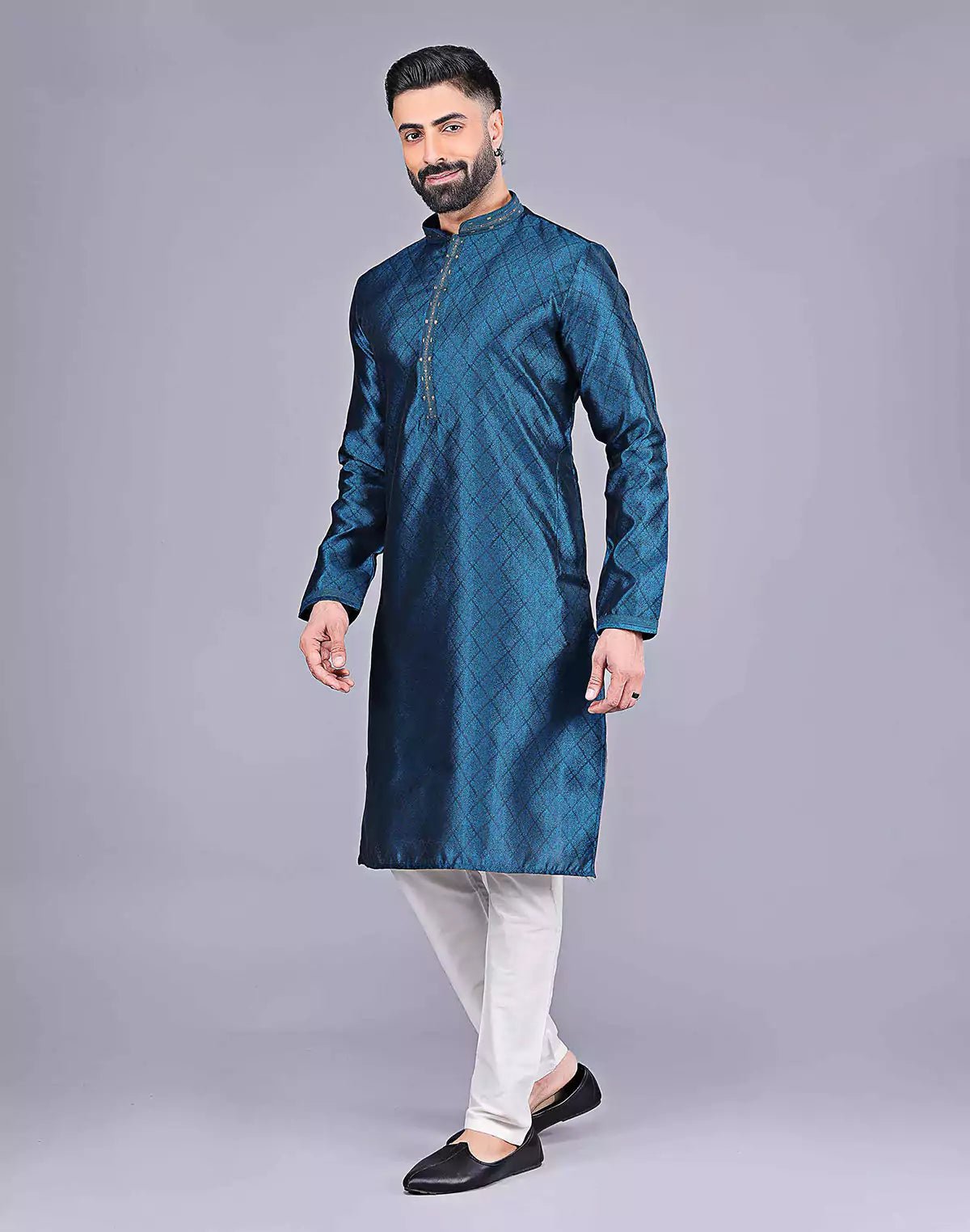 Image of Stylish Rama Coloured Floral Design Soft Silk Kurta Pajama Set - South India Shopping Mall