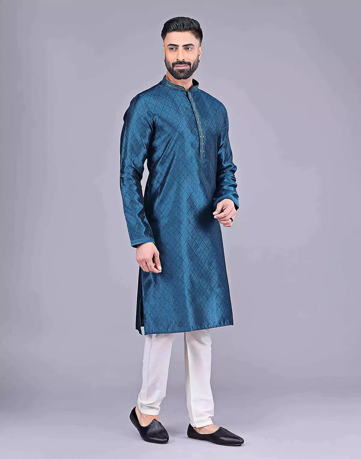 Image of Stylish Rama Coloured Floral Design Soft Silk Kurta Pajama Set - South India Shopping Mall