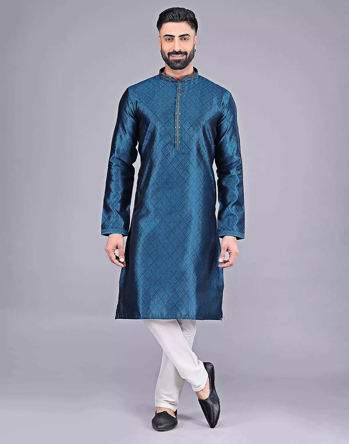 Image of Stylish Rama Coloured Floral Design Soft Silk Kurta Pajama Set - South India Shopping Mall