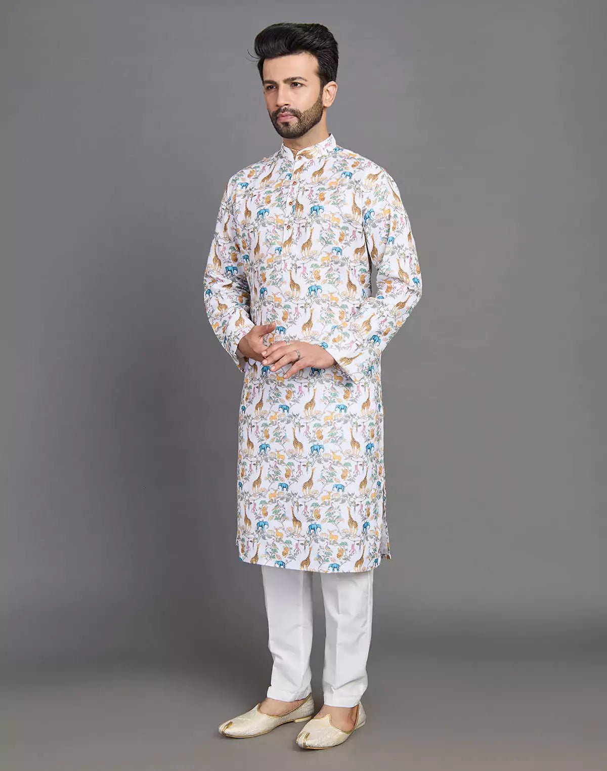 Image of Stylish Yellow Floral With Animal Print Cotton Kurta - South India Shopping Mall