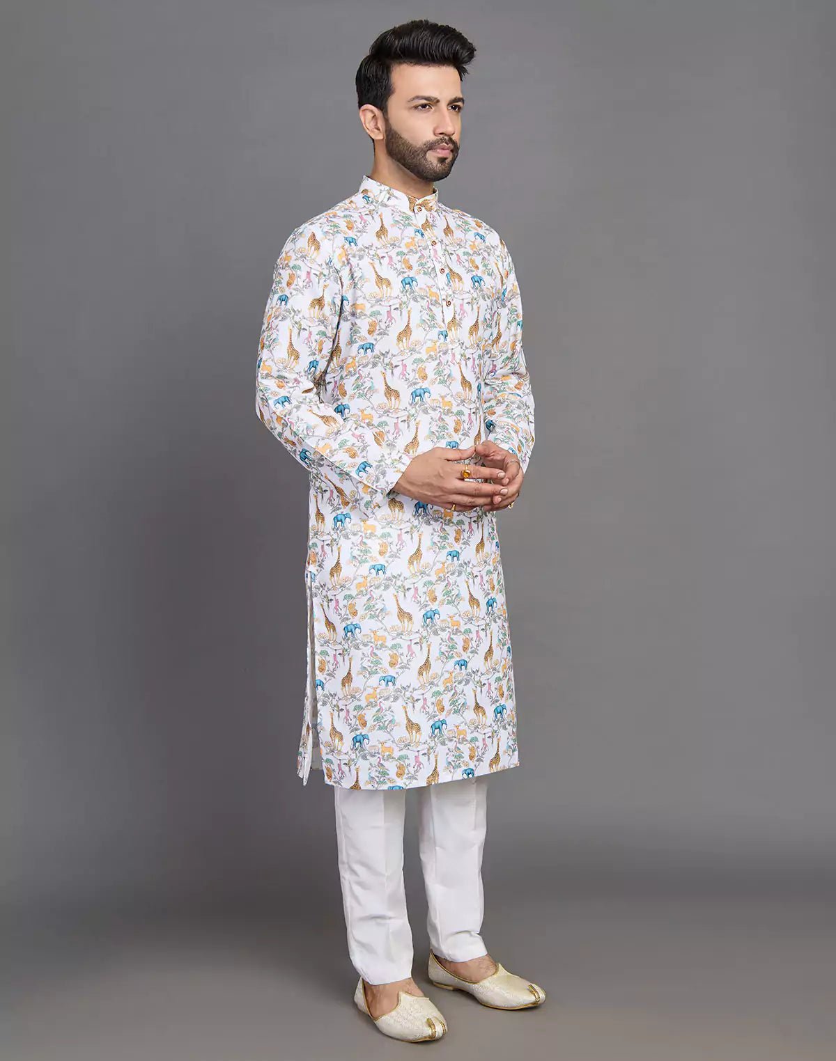 Image of Stylish Yellow Floral With Animal Print Cotton Kurta - South India Shopping Mall