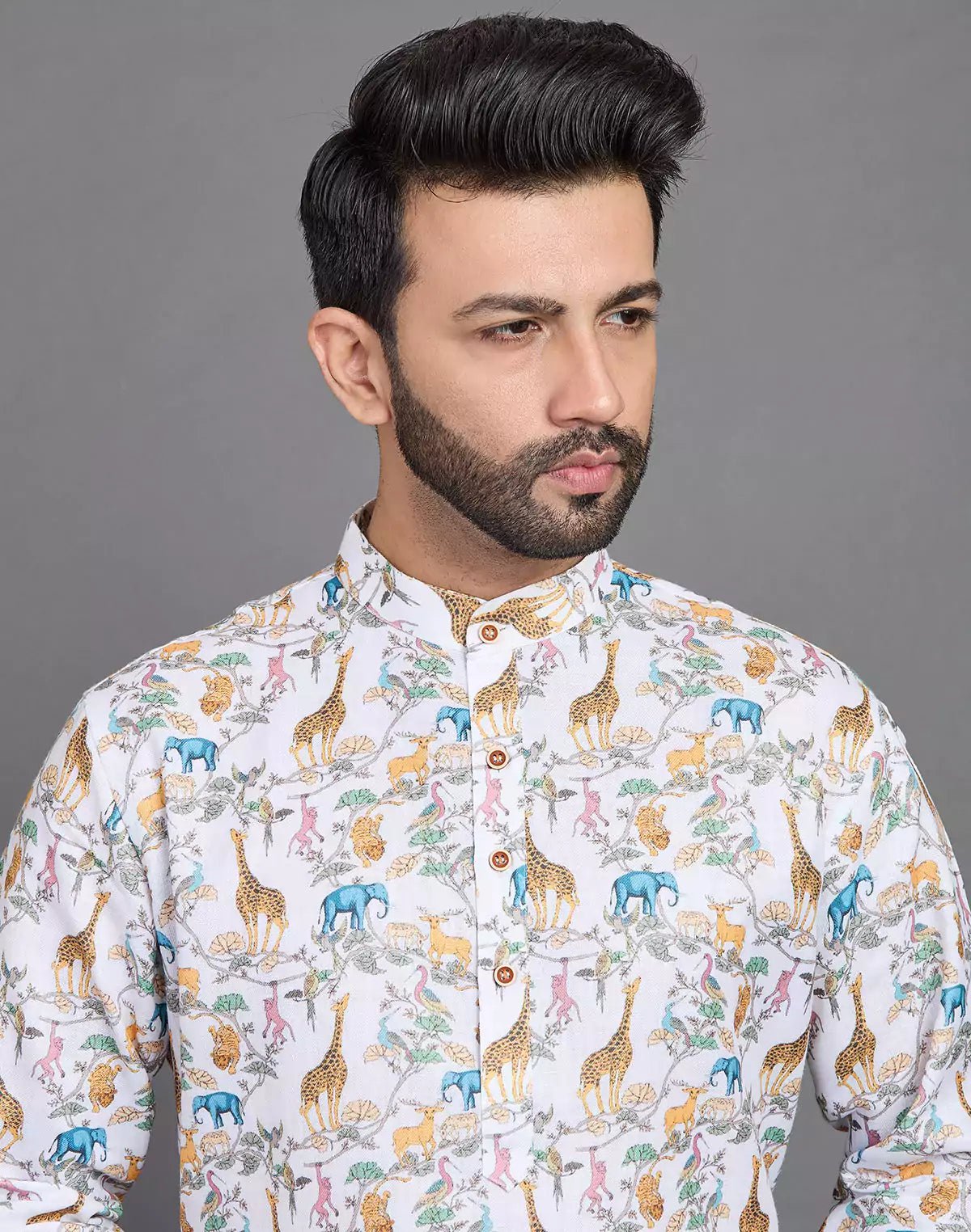 Image of Stylish Yellow Floral With Animal Print Cotton Kurta - South India Shopping Mall
