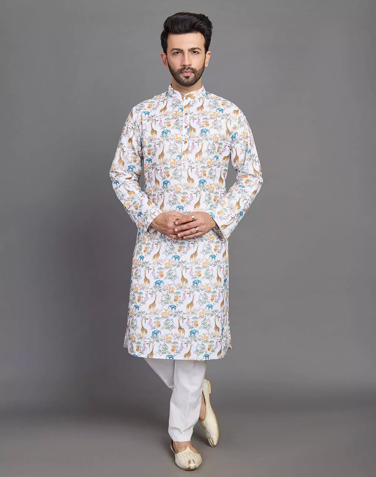 Image of Stylish Yellow Floral With Animal Print Cotton Kurta - South India Shopping Mall