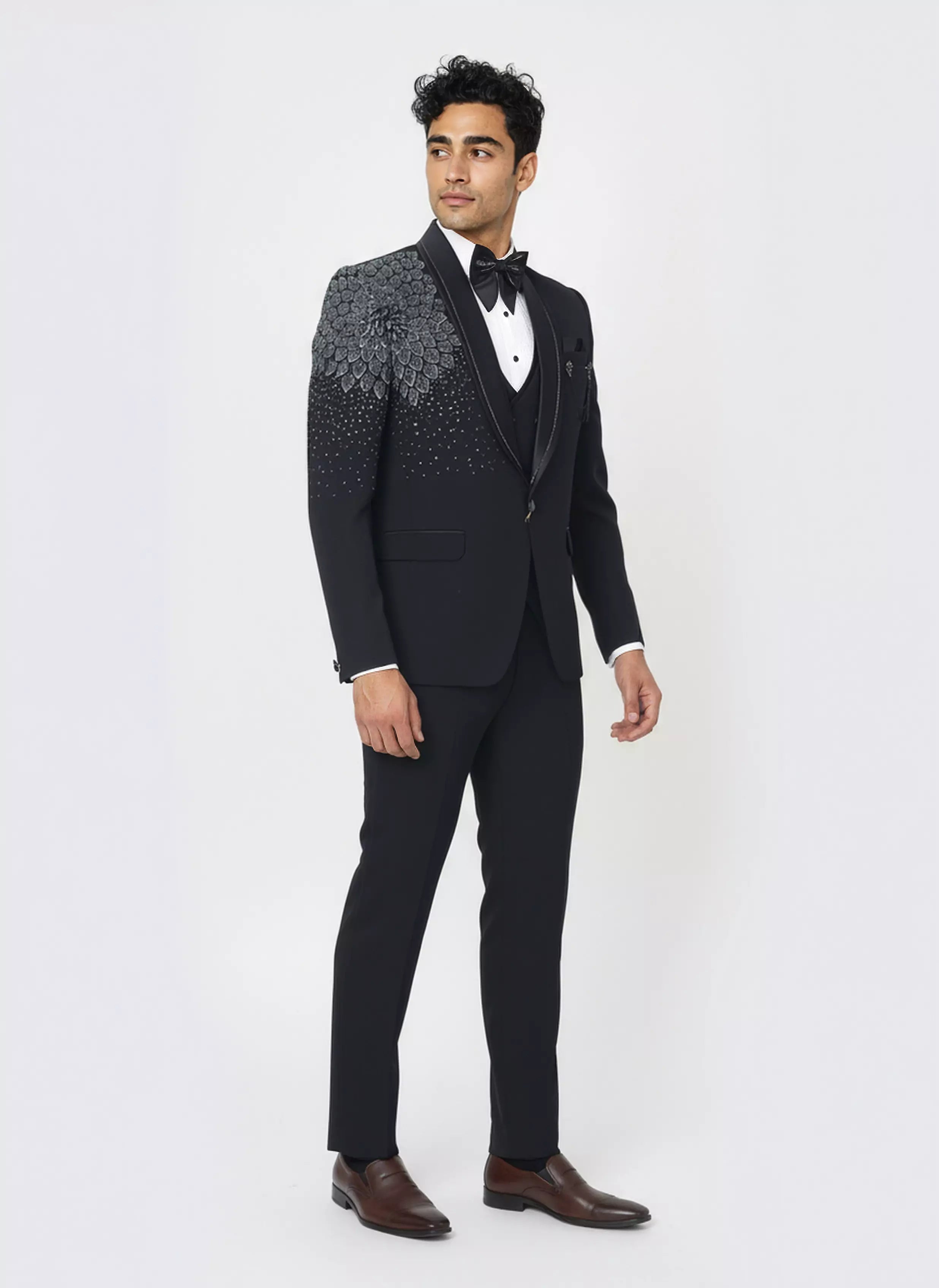 Image of Navy Blue Cutdana work Polynosic 5 Pc Tuxido Suit