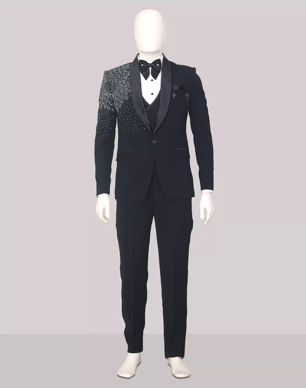 Image of Navy Blue Cutdana work Polynosic 5 Pc Tuxido Suit