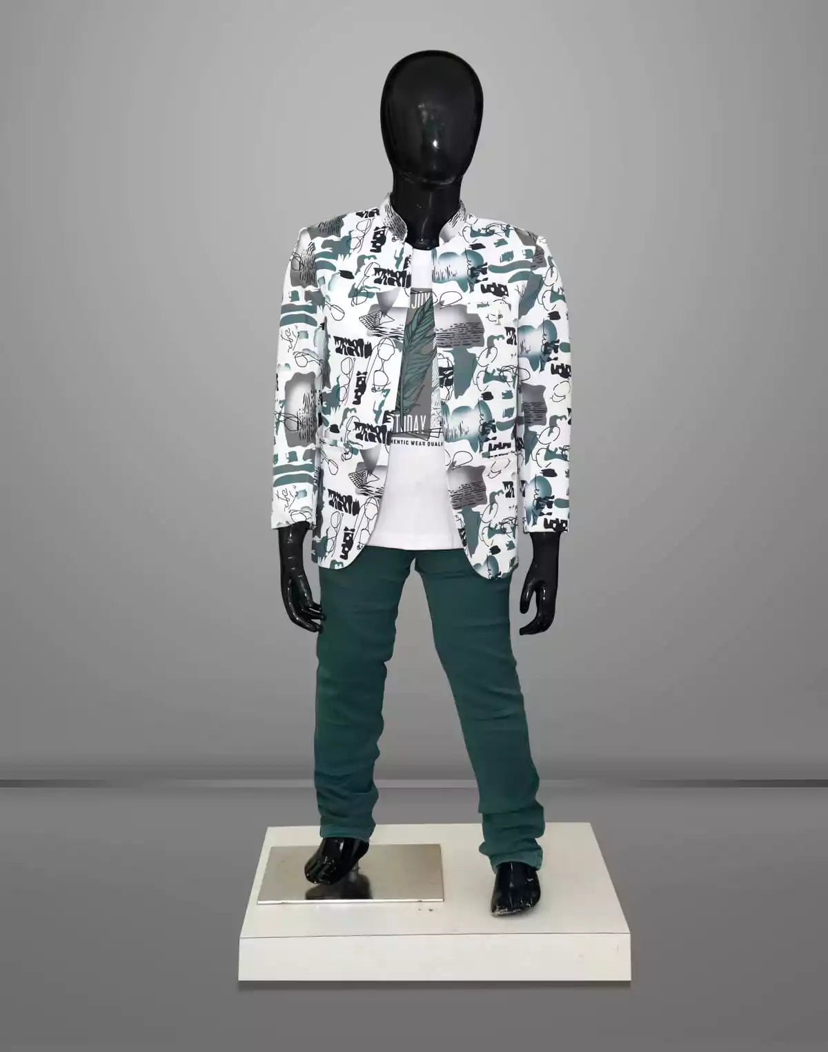 Image of White and Sea Green Graphic Print Cotton Party Wear Baba Suit