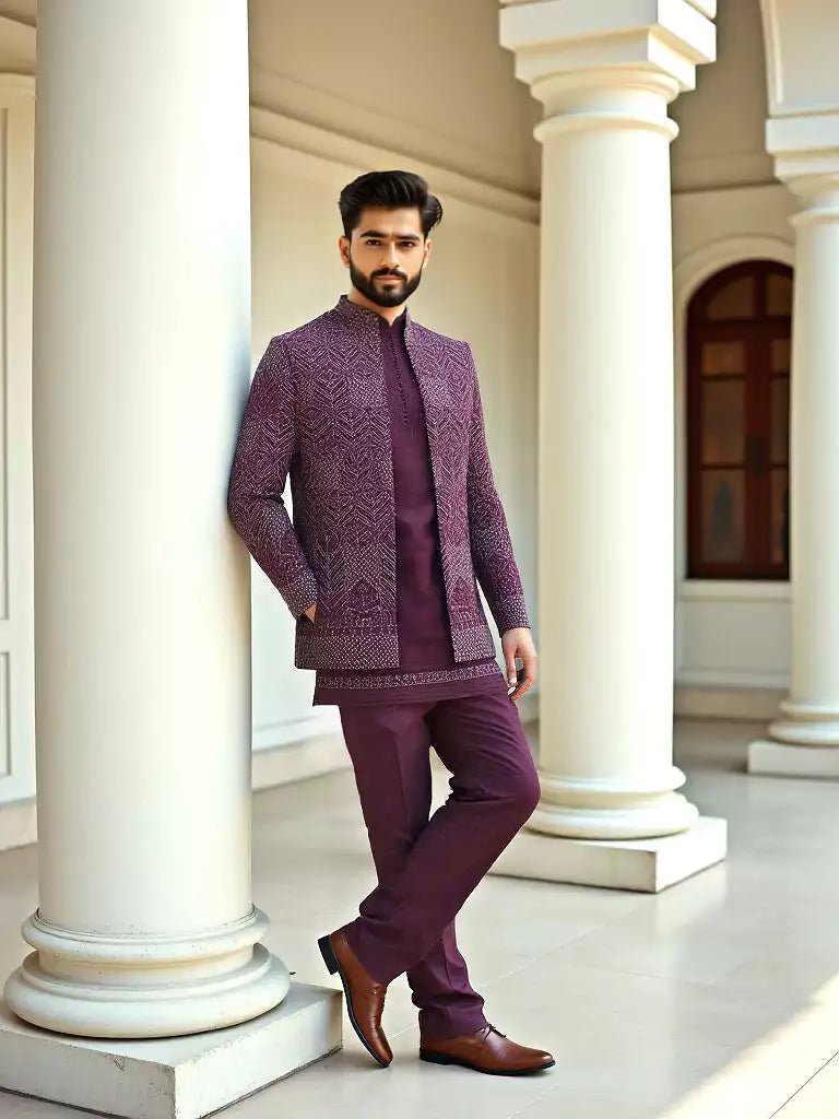 Image of Suave Wine Stylish Thread Embroidery work Floral Matka Silk Indo - Open Jacket Set - South India Shopping Mall