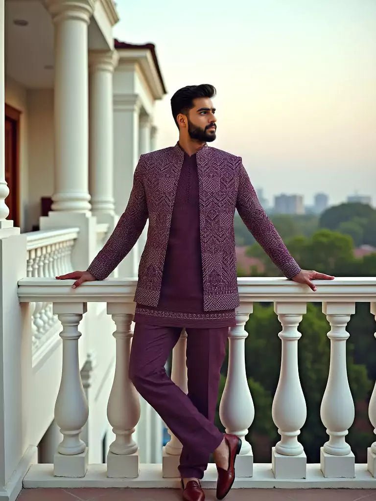 Image of Suave Wine Stylish Thread Embroidery work Floral Matka Silk Indo - Open Jacket Set - South India Shopping Mall