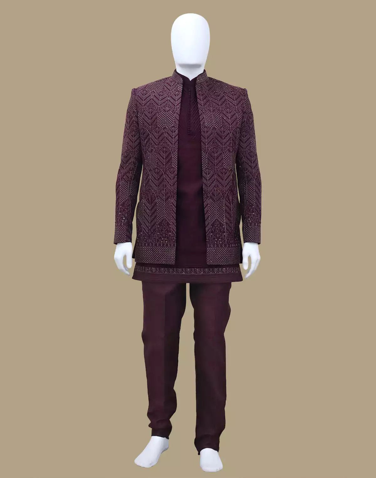 Image of Suave Wine Stylish Thread Embroidery work Floral Matka Silk Indo - Open Jacket Set - South India Shopping Mall