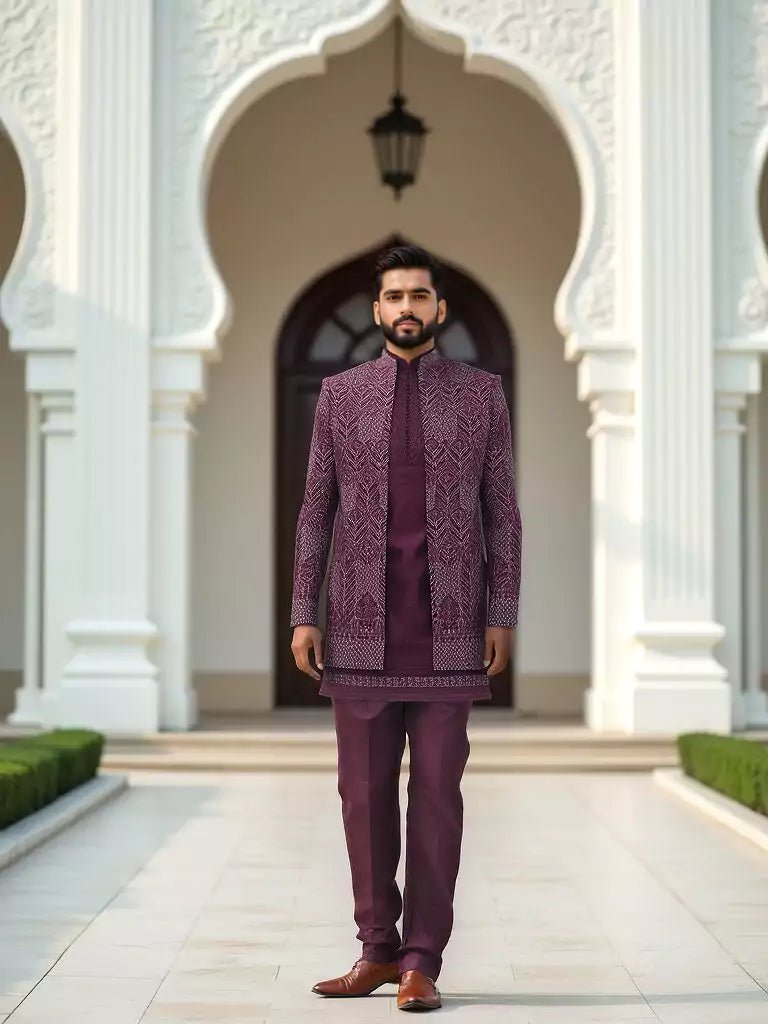 Image of Suave Wine Stylish Thread Embroidery work Floral Matka Silk Indo - Open Jacket Set - South India Shopping Mall