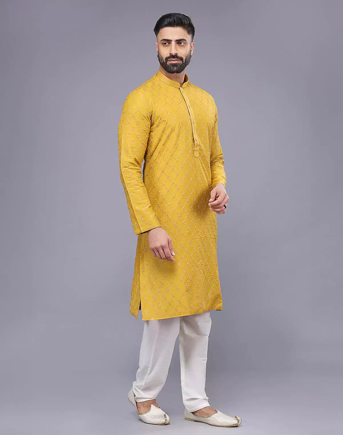 Image of Sunlight Yellow Embellished work Soft Silk Party Wear Floral Kurta Set - South India Shopping Mall