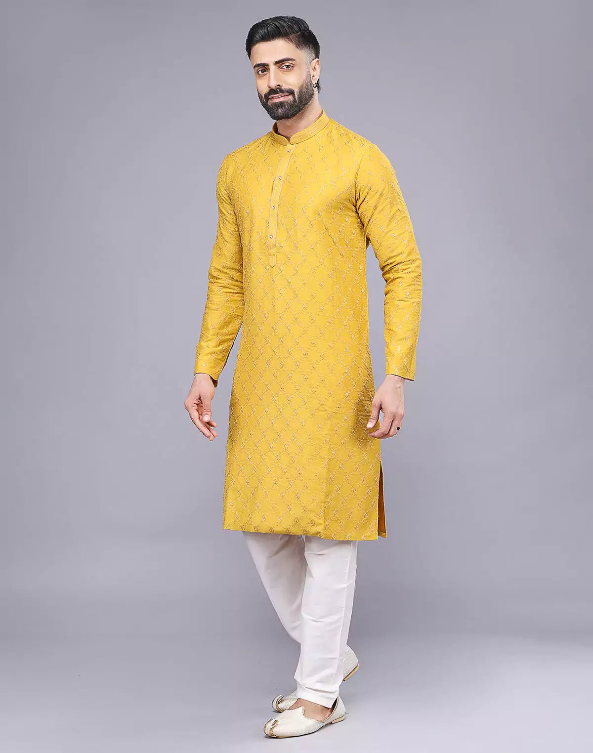 Image of Sunlight Yellow Embellished work Soft Silk Party Wear Floral Kurta Set - South India Shopping Mall