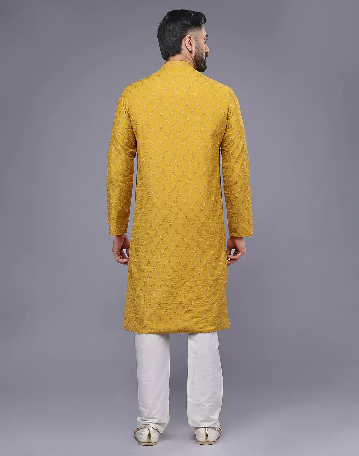 Image of Sunlight Yellow Embellished work Soft Silk Party Wear Floral Kurta Set - South India Shopping Mall
