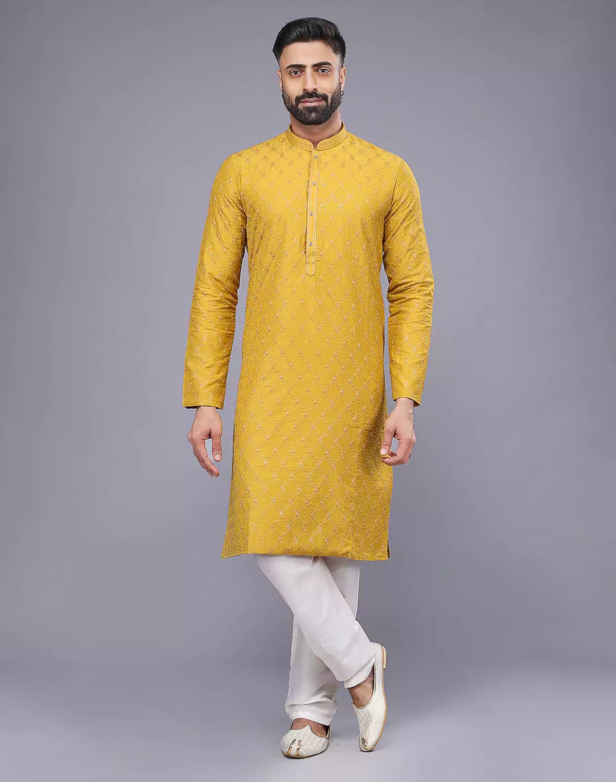 Image of Sunlight Yellow Embellished work Soft Silk Party Wear Floral Kurta Set - South India Shopping Mall