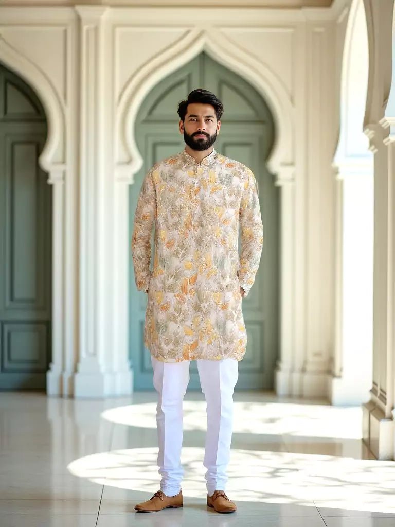 Image of Sunshine Yellow Floral Cotton Silk Mica Print Kurta - South India Shopping Mall