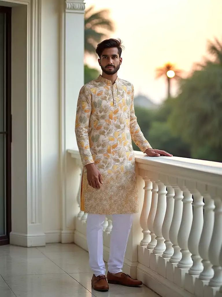 Image of Sunshine Yellow Floral Cotton Silk Mica Print Kurta - South India Shopping Mall