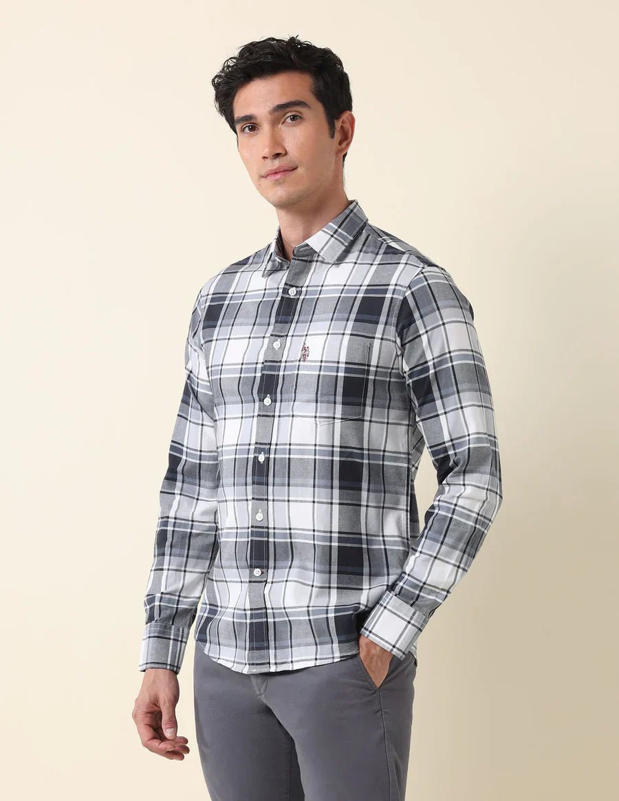 Image of Tailored Fit Grey Checked Cotton Men's Shirt - South India Shopping Mall