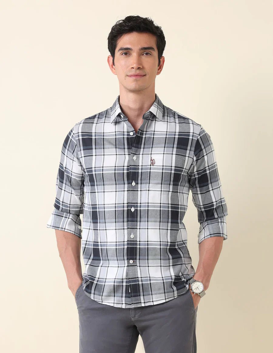 Image of Tailored Fit Grey Checked Cotton Men's Shirt - South India Shopping Mall