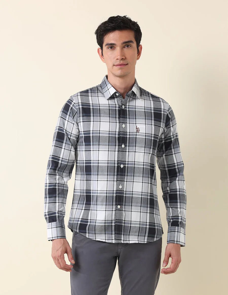 Image of Tailored Fit Grey Checked Cotton Men's Shirt - South India Shopping Mall